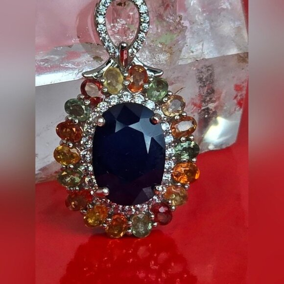 925 Sterling Silver Large Pendant with Blue Sapphire & Multicolor Sapphire Gems - Picture 12 of 12